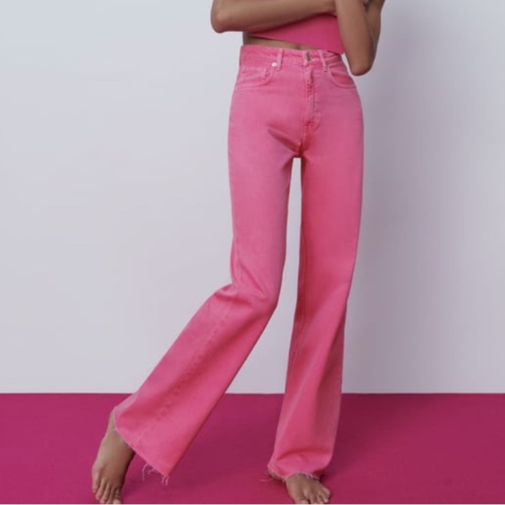 Pink Zara Solid Color Full Length Wide Jeans